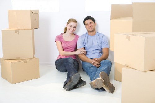 Business relocation with desks, storage, and technology arranged for moving